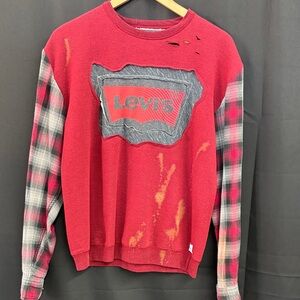 Levi's Red and Gray Plaid Men's Crewneck Sweater repurposed by “Jagged Threads”